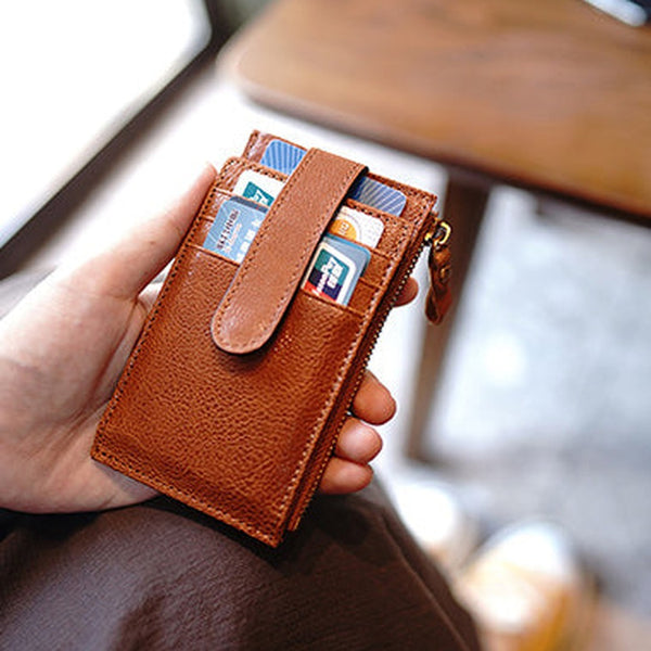 Womens Brown Leather Card Holders Wallet Vertical Slim Billfold Wallet Card Holders for Ladies