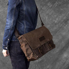 Canvas Leather Mens Large Brown Side Bag 14'' Khaki Messenger Bag Brown Postman Bag For Men