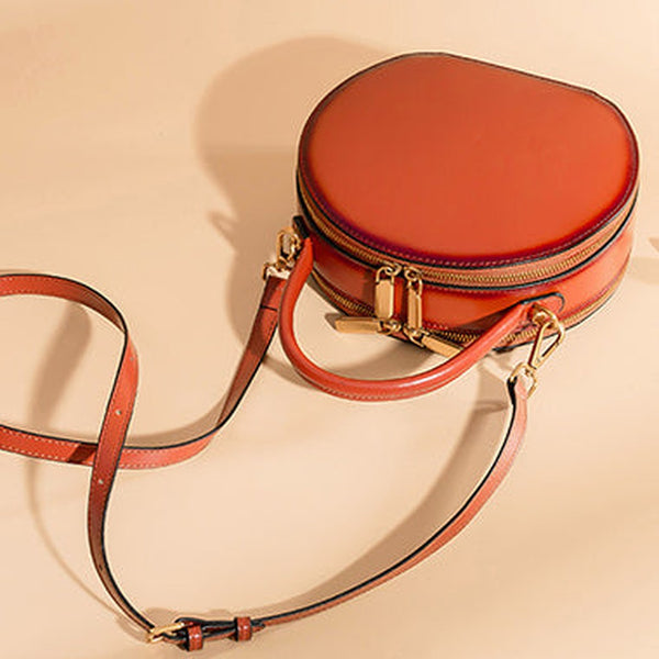 Cute Womens Brown Leather Round Handbag Crossbody Purses Round Brown Shoulder Bag for Women