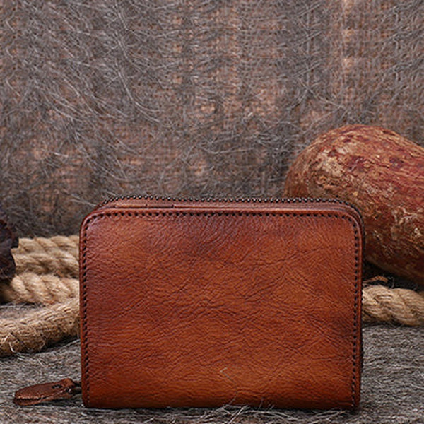 Vintage Women Brown Leather Small Wallet with Zip Around Card Holders Bifold Small Wallet Billfold For Women