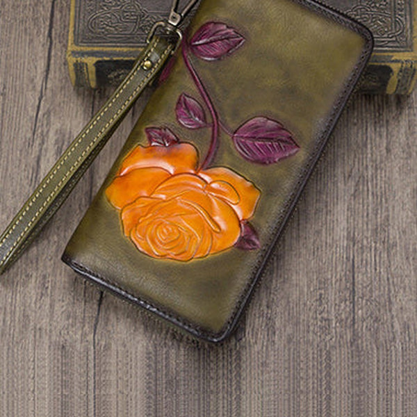 Vintage Rose Flower Green Leather Wristlet Wallet Womens Rose Zip Around Wallets Flower Ladies Zipper Clutch Wallet for Women