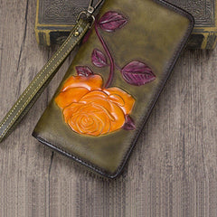 Vintage Rose Flower Green Leather Wristlet Wallet Womens Rose Zip Around Wallets Flower Ladies Zipper Clutch Wallet for Women