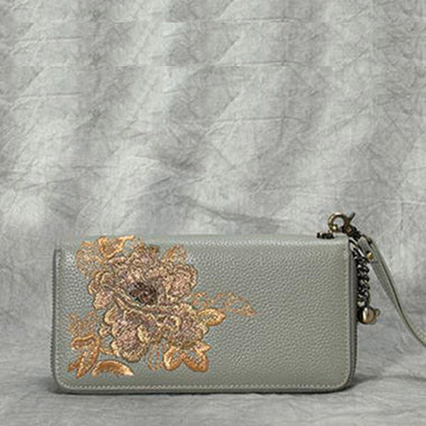 Peony Embroidery Gray Leather Peony Wristlet Wallet Womens Zip Around Wallets Flowers Peony Ladies Zipper Clutch Wallet for Women