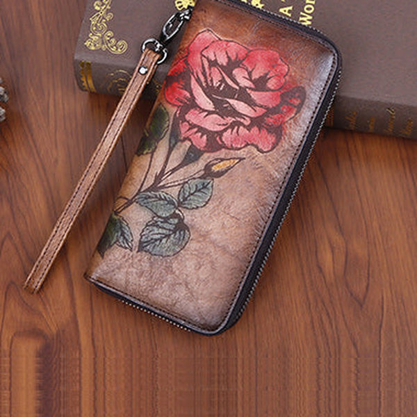 Womens Rose Flower Brown Leather Wristlet Wallets Zip Around Wallet Flower Ladies Zipper Clutch Wallet for Women