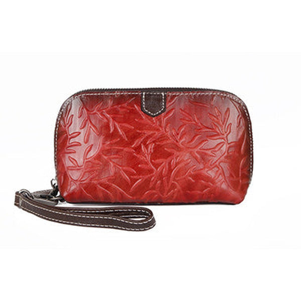 Womens Floral Red Leather Zip Around Wallets Wristlet Wallet Floral Ladies Zipper Clutch Wallet for Women