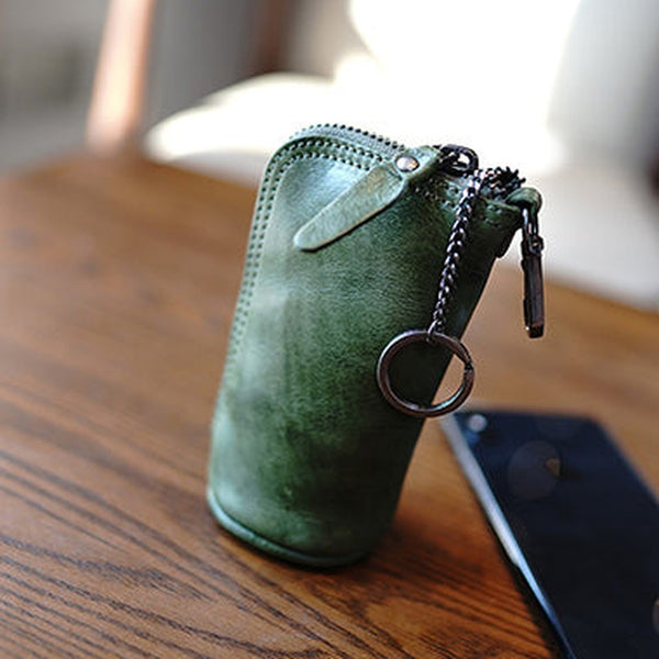 Vintage Women Green Leather Zip Key Wallet Car Key Holder Coin Wallet Coin Pouch Change Wallet For Women