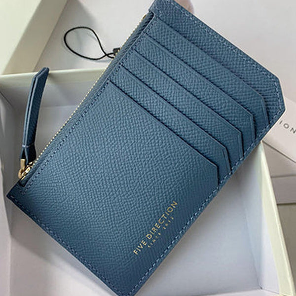 Cute Women Blue Leather Slim Card Holder Card Wallet Zipper Change Wallet For Women