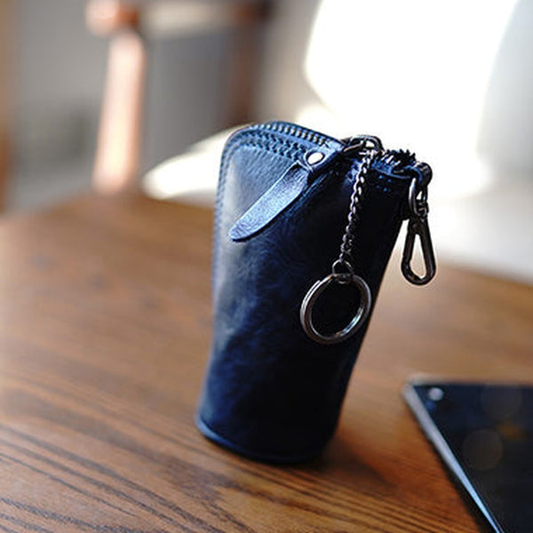 Vintage Women Blue Leather Zip Key Wallet Car Key Holder Coin Wallet Coin Pouch Change Wallet For Women