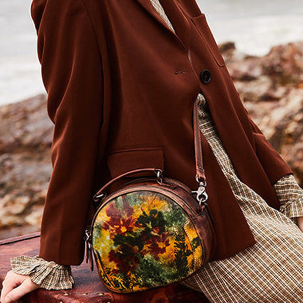 Womens Mix Green Leather Round Handbag Purses Vintage Handmade Round Shoulder Bag Crossbody Handbag for Women