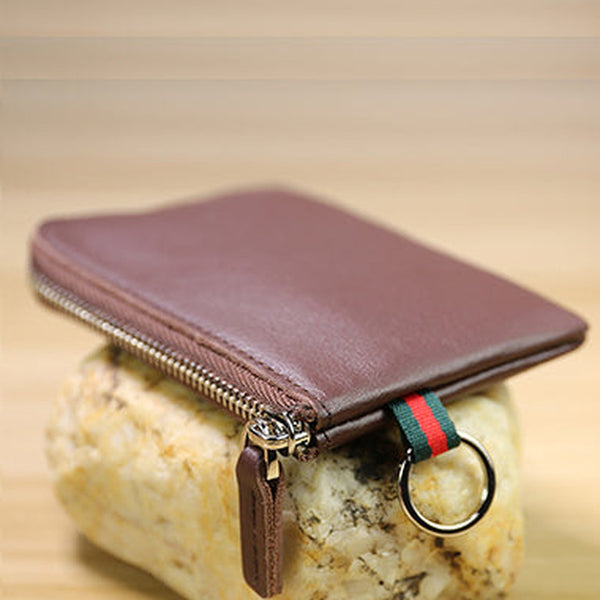 Slim Women Coffee Leather Mini Zip Wallet with Keychain Billfold Minimalist Coin Wallet Small Zip Change Wallet For Women