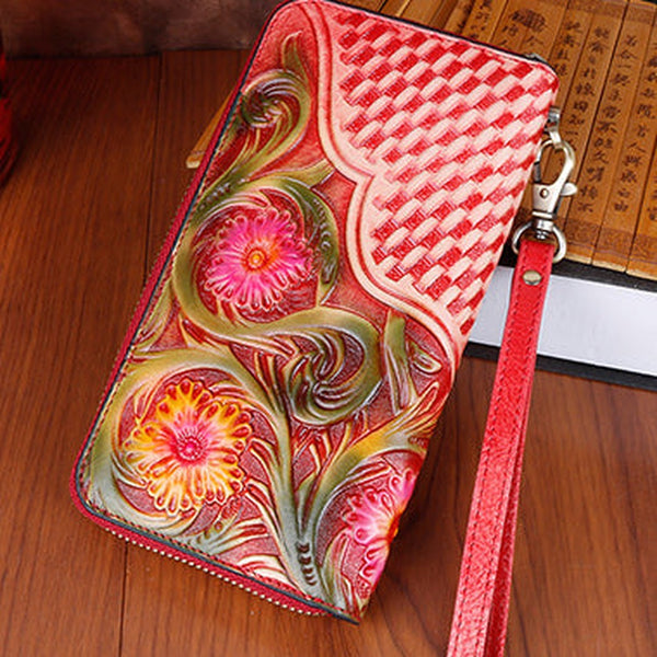 Handmade Vintage Flowers Floral Red Leather Wristlet Wallet Womens Zip Around Wallets Flowers Ladies Zipper Clutch Wallet for Women