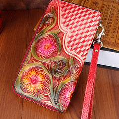 Handmade Vintage Flowers Floral Red Leather Wristlet Wallet Womens Zip Around Wallets Flowers Ladies Zipper Clutch Wallet for Women