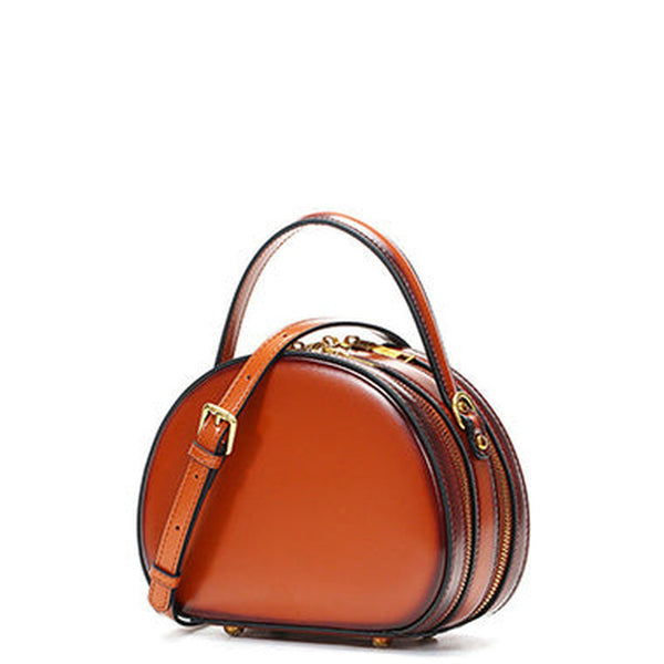 Cute Womens Brown Leather Half Round Handbag Crossbody Purse Round Brown Shoulder Bag for Women