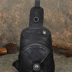 Cool Mens Womens Cap Black Sling Bag Vintage Leather Chest Bag Crossbody Pack for Men