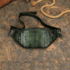 Vintage Women Green Leather Rivet Waist Bag Fanny Pack Handmade Shoulder Rivet Hip Packs for Women
