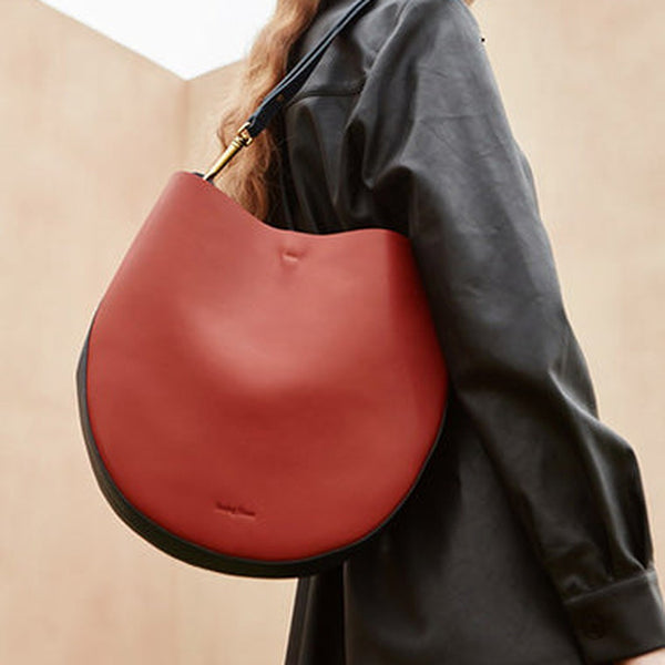 Cute Womens Red Leather Saddle Round Shoulder Bag Round Crossbody Purse for Women