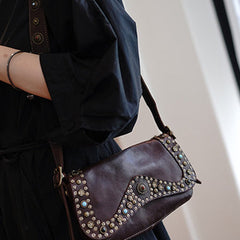 Western Coffee Womens Rivets Small Shoulder Bag Small Rivets Crossbody Purse for Ladies
