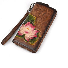 Womens Lotus Flower Brown Leather Zip Around Wallet Wristlet Wallet Flower Ladies Zipper Clutch Wallet for Women