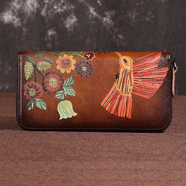 Womens Hummingbird Brown Leather Zip Around Wallet Wristlet Wallet Floral Ladies Zipper Clutch Wallet for Women