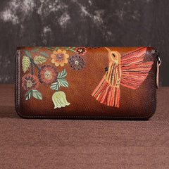 Womens Hummingbird Brown Leather Zip Around Wallet Wristlet Wallet Floral Ladies Zipper Clutch Wallet for Women