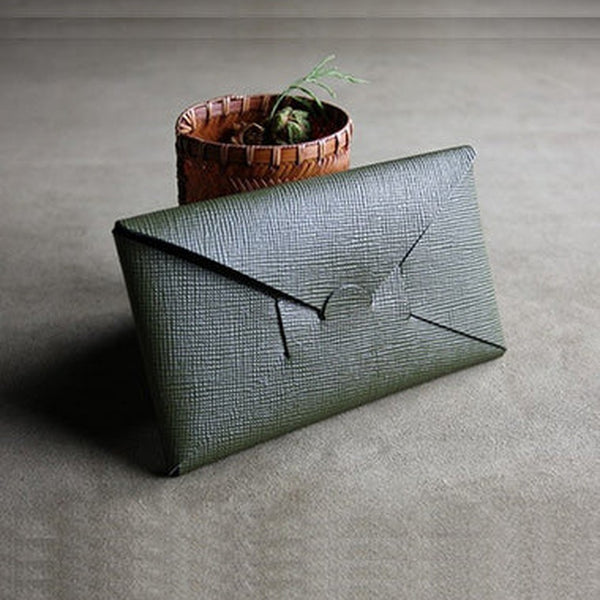 Cute Womens Dark Green Leather Envelope Wallet Slim Clutch Purse Checkbook Long Wallet for Women