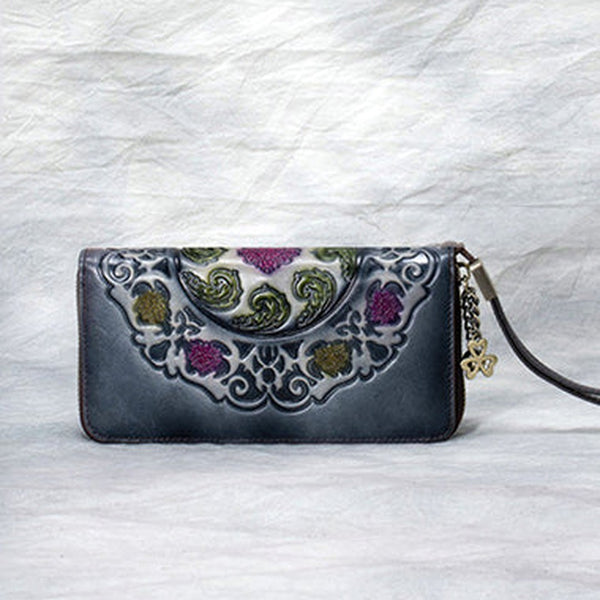 Handmade Floral Gray Leather Wristlet Wallet Womens Zip Around Wallets Floral Cards Ladies Zipper Clutch Wallet for Women