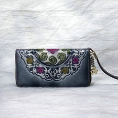 Handmade Floral Gray Leather Wristlet Wallet Womens Zip Around Wallets Floral Cards Ladies Zipper Clutch Wallet for Women