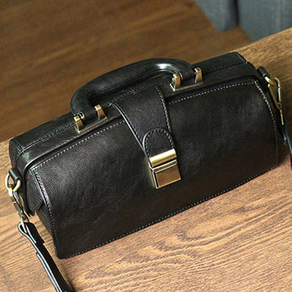 Womens Black Leather Doctor Handbag Purses Vintage Handmade Doctor Crossbody Purse for Women