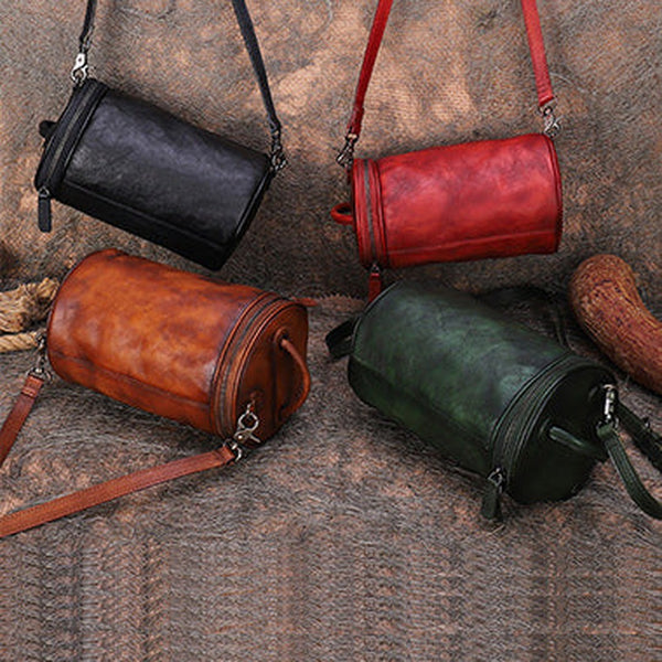 Womens Leather Barrel Shoulder Bag Purse Vintage Round Handbag Bucket Crossbody Purse for Women