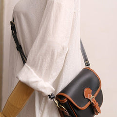 Cute Saddle Black LEATHER Side Bag White WOMEN Contrast Color Saddle SHOULDER BAG Small Crossbody Purse FOR WOMEN