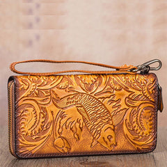 Floral Carp Tan Leather Wristlet Wallets Womens Zip Around Wallet Floral Ladies Zipper Clutch Wallets for Women