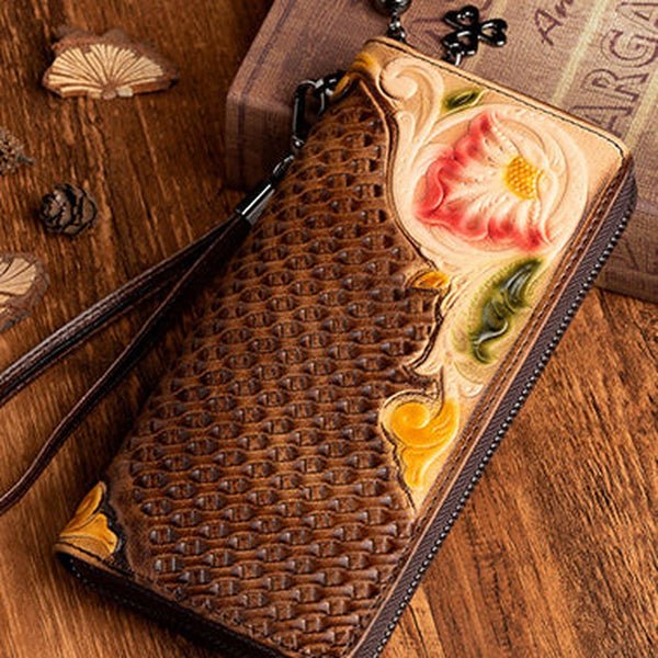 Handmade Flowers Coffee Leather Wristlet Wallet Womens Floral Zip Around Wallets Flowers Ladies Zipper Clutch Wallet for Women