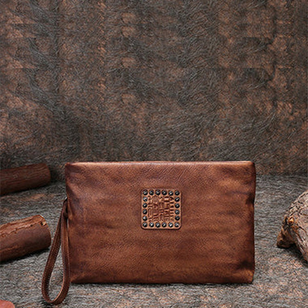 Handmade Womens Brown Leather Large Wristlet Wallets Zip Clutch Purse Ladies Zipper Clutch Wallets for Women