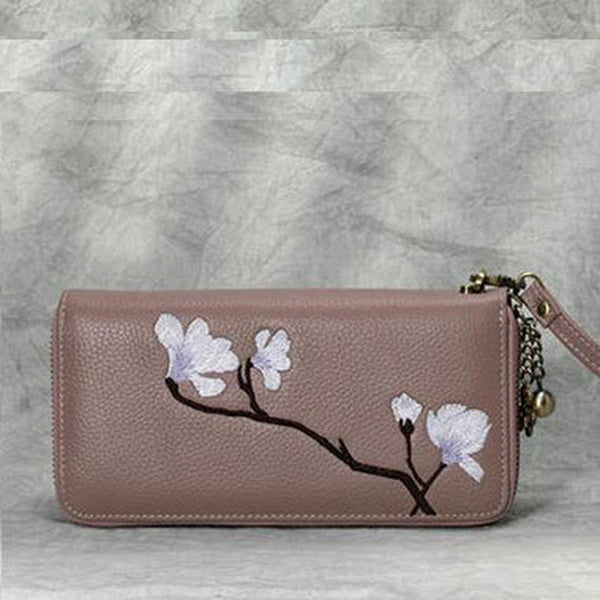 Magnolia Flower Embroidery Pink Leather Magnolia Wristlet Wallet Womens Zip Around Wallets Flowers Magnolia Ladies Zipper Clutch Wallet for Women