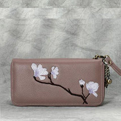 Magnolia Flower Embroidery Pink Leather Magnolia Wristlet Wallet Womens Zip Around Wallets Flowers Magnolia Ladies Zipper Clutch Wallet for Women