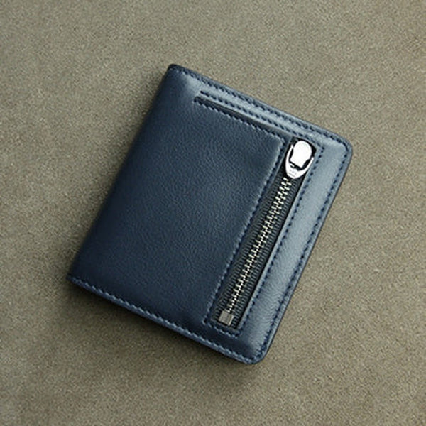 Cute Women Dark Blue Leather Small Bifold Wallet Billfold Wallet with Coin Pocket For Women