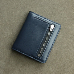 Cute Women Dark Blue Leather Small Bifold Wallet Billfold Wallet with Coin Pocket For Women