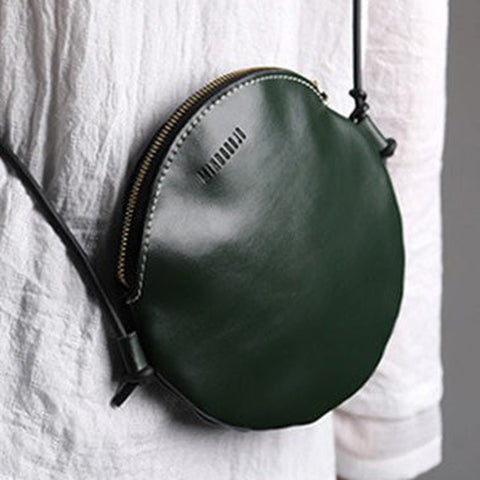 Cute Round LEATHER Slim Side Bag Green WOMEN Circle SHOULDER BAG Small Crossbody Purse FOR WOMEN