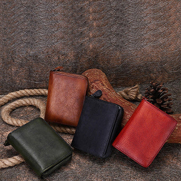 Vintage Women Leather Small Wallet with Zip Around Card Holders Bifold Small Wallet Billfold For Women