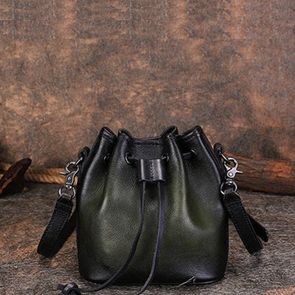 Womens Green Leather Barrel Crossbody Bag Purse Vintage Round Bucket Shoulder Bag for Women