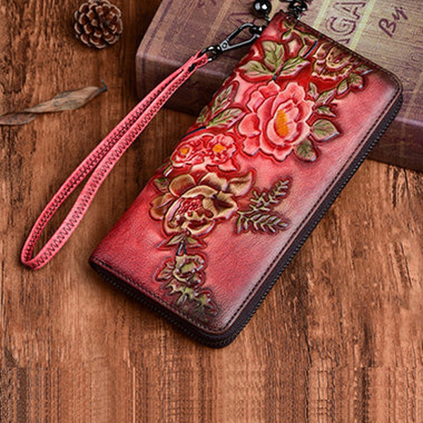 Womens Peony Flower Red Leather Zip Around Wallet Wristlet Wallet Floral Ladies Zipper Clutch Wallet for Women