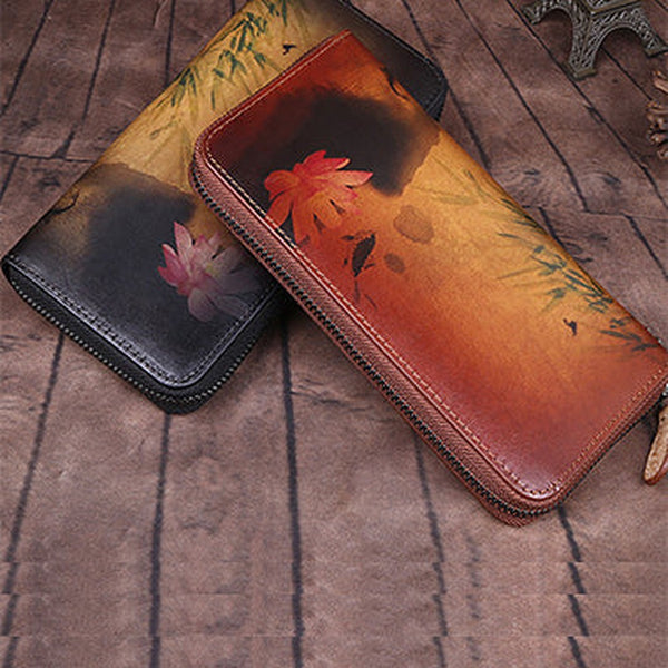Handmade Womens Leather Zip Around Wallet Wash Painting Flowers Wristlet Wallet Ladies Zipper Clutch Wallet for Women