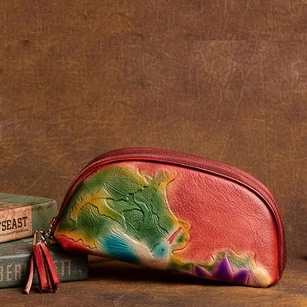 Handmade Lotus Flower Red Leather Wristlet Wallet Womens Zip Around Wallets Flowers Ladies Zipper Clutch Wallet for Women