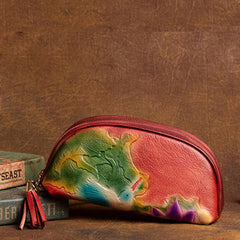 Handmade Lotus Flower Red Leather Wristlet Wallet Womens Zip Around Wallets Flowers Ladies Zipper Clutch Wallet for Women