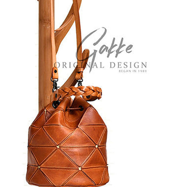 Womens Brown Leather Bucket Shoulder Bag Purse Vintage Split Joint Barrel Round Handbag Crossbody Purse for Women