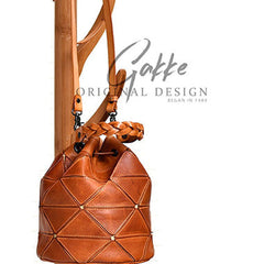 Womens Brown Leather Bucket Shoulder Bag Purse Vintage Split Joint Barrel Round Handbag Crossbody Purse for Women