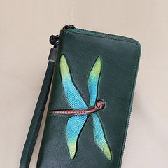 Dragonfly Green Leather Wristlet Wallets Womens Zip Around Wallet Ladies Zipper Clutch Wallets for Women