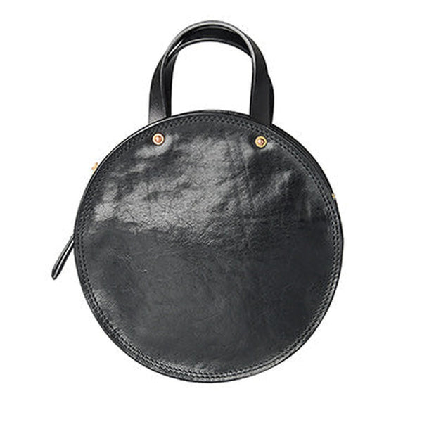Handmade Womens Black Leather Round Handbag Purses Black Round Shoulder Bag Crossbody Purse for Women