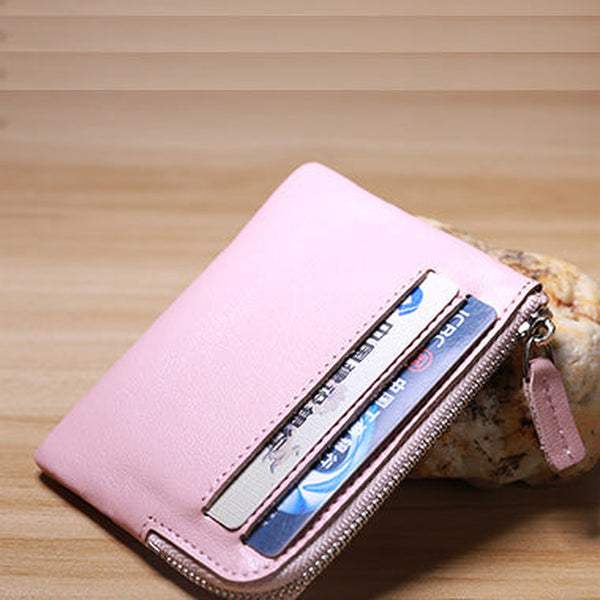 Slim Women Pink Leather Card Wallet Minimalist Zip Billfold Card Holder Wallet Coin Wallet For Women
