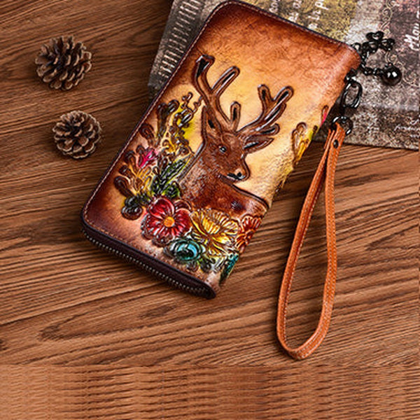 Vintage Reindeer Brown Leather Wristlet Wallet Womens Zip Around Wallets Reindeer Ladies Zipper Clutch Wallet for Women
